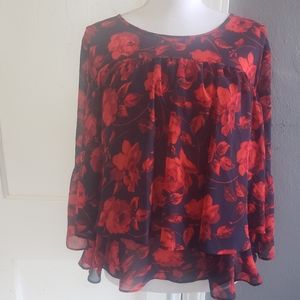 A NEW DAY RED & BLUE FLORAL TOP SIZE LARGE
